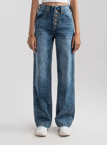 Wide Leg Button Jeans (Dark Blue ) - 1947