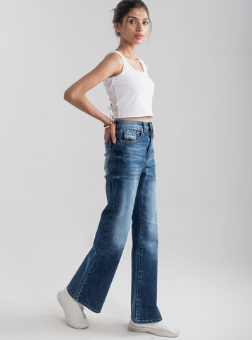 Wide Leg Button Jeans (Dark Blue ) - 1947