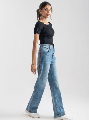 Wide Leg Button Jeans ( Mid Blue ) - 1947