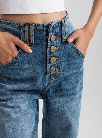 Wide Leg Button Jeans (Dark Blue ) - 1947