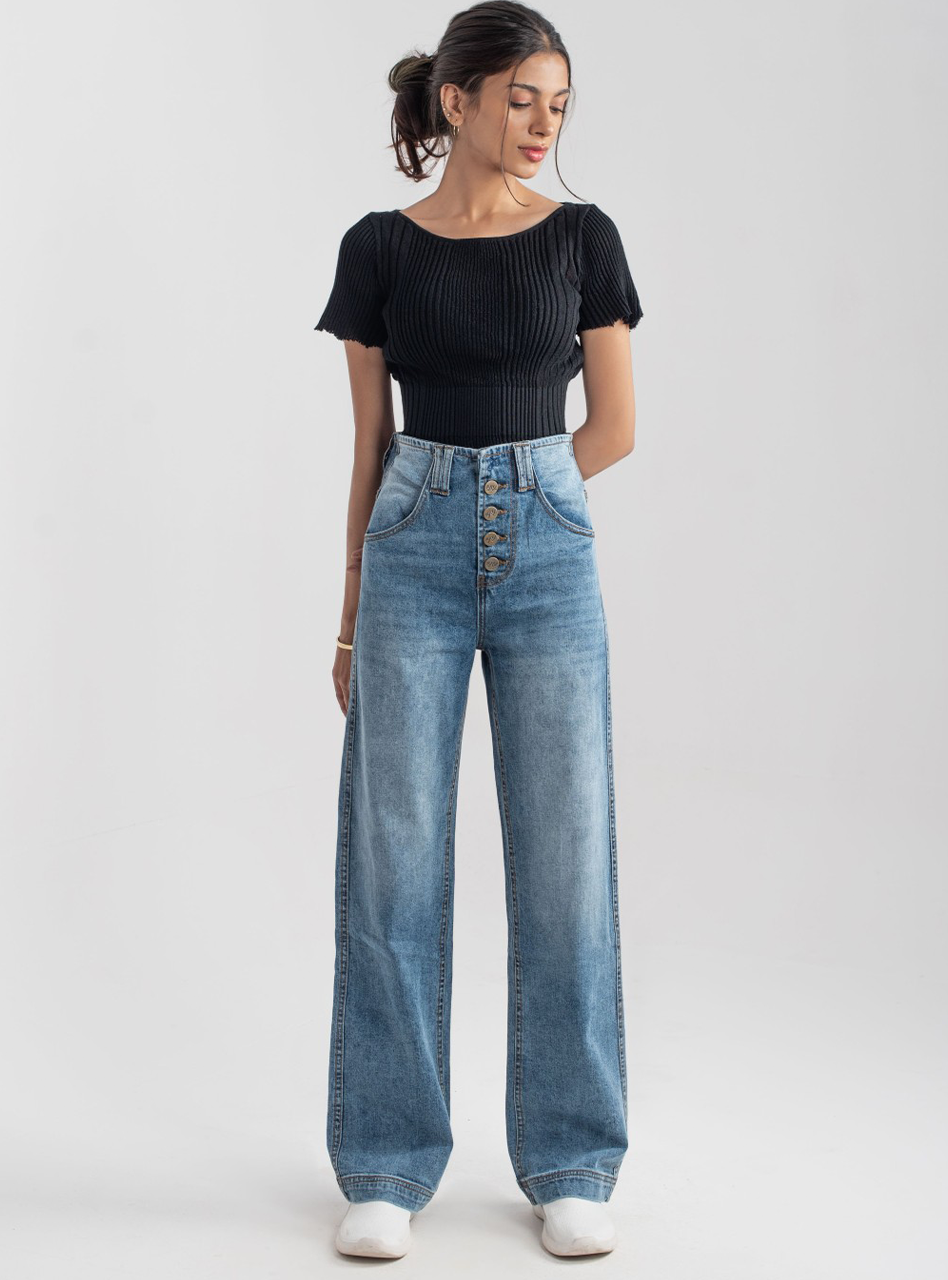 Wide Leg Button Jeans ( Mid Blue ) - 1947