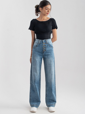 Wide Leg Button Jeans ( Mid Blue ) - 1947