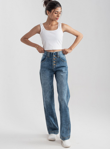 Wide Leg Button Jeans (Dark Blue ) - 1947